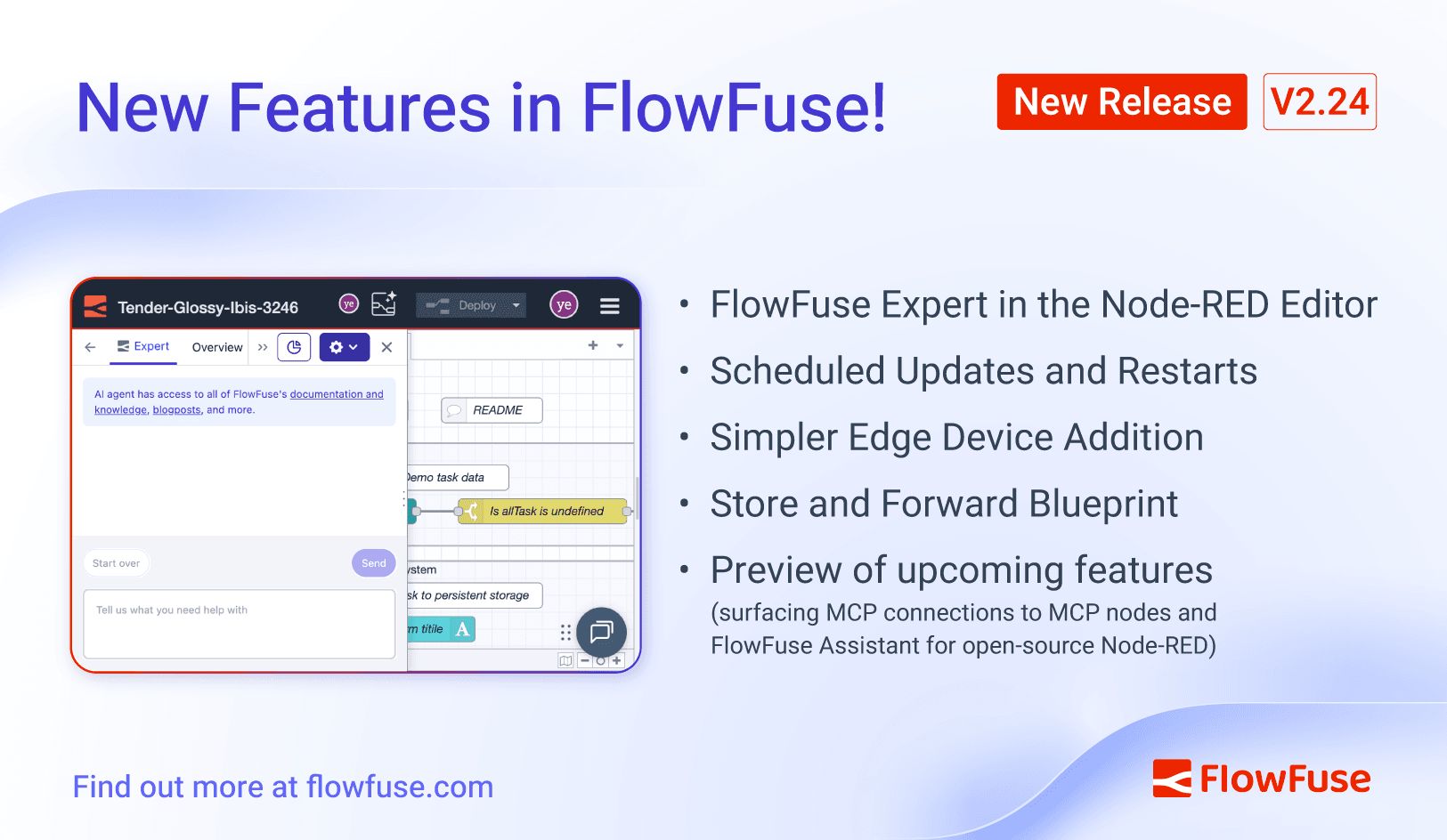 Image representing FlowFuse 2.24: FlowFuse Expert in the Node-RED Editor, Scheduled Updates, Simpler Edge Device Addition, Store and Forward Blueprint, and what's next!