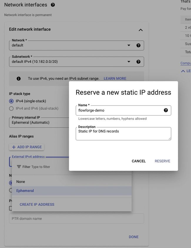 Screenshot showing the network section in the interface for creating a GCP VM "Screenshot showing the network section in the interface for creating a GCP VM"