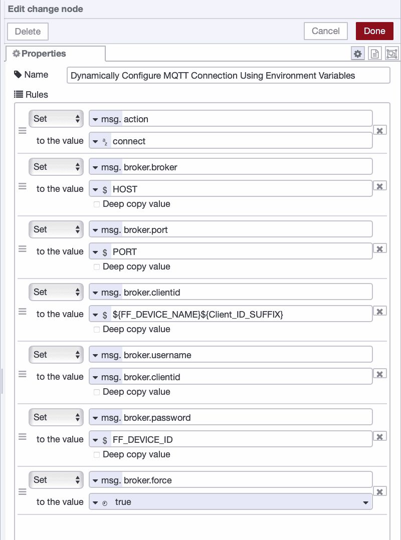 Using a Change node to dynamically set MQTT broker connection properties.