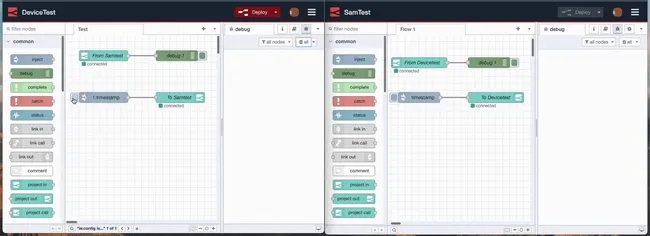 Screenshot showing the message being sent from one project to another using project link nodes "Screenshot showing the message being sent from one project to another using project link nodes"