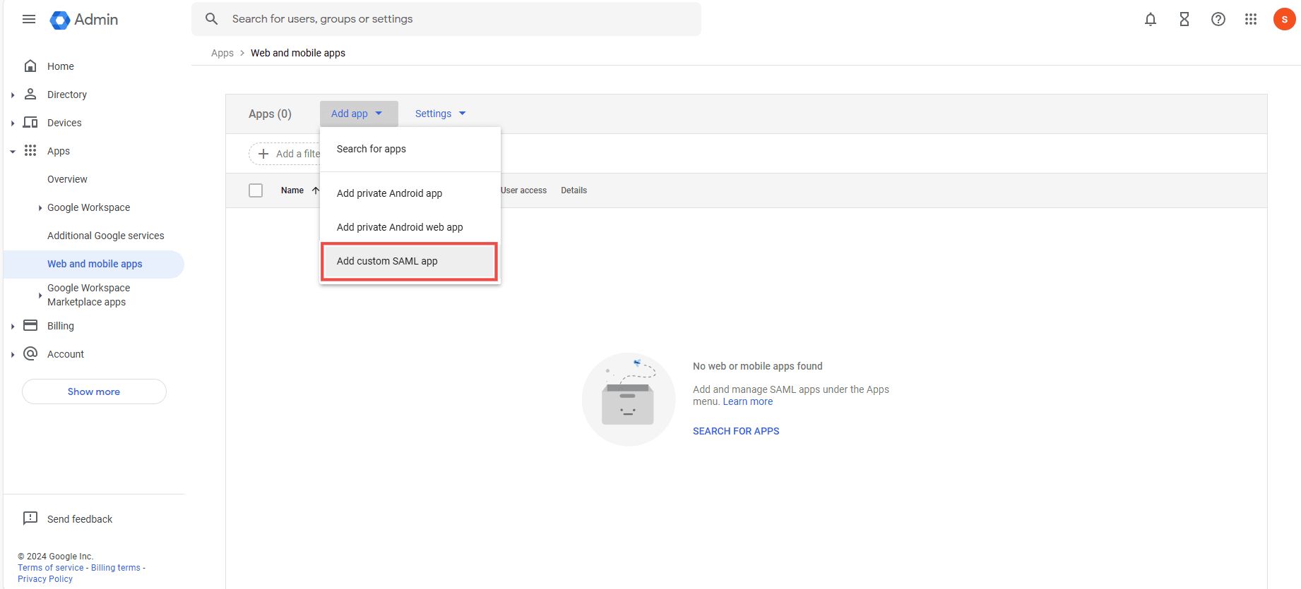 Screenshot showing the 'Add custom SAML apps' option in the Google workspace admin console "Screenshot showing the 'Add app' and 'Add custom SAML apps' option in the Google workspace admin console"