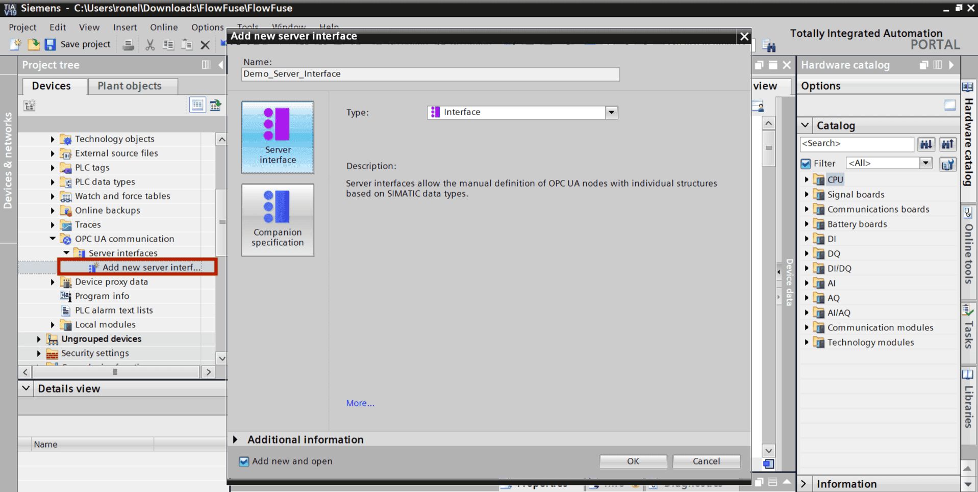 Adding OPC UA server interface in TIA Portal
