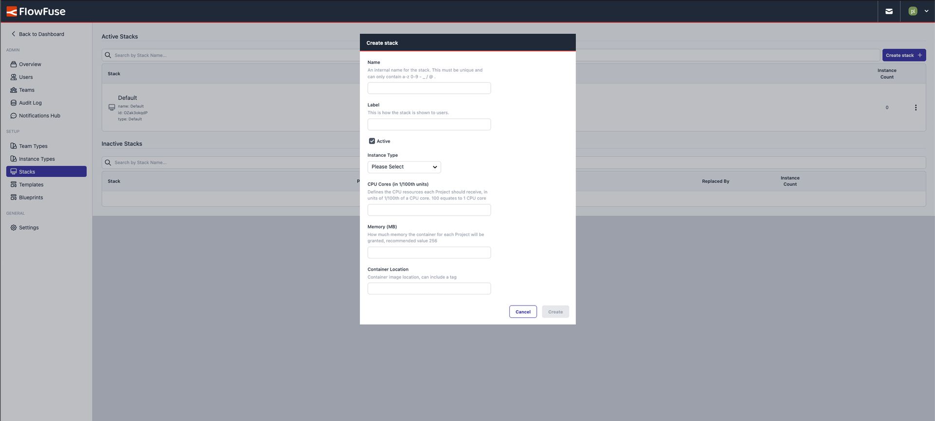 Screenshot of FlowFuse showing the "Create Stack" dialog