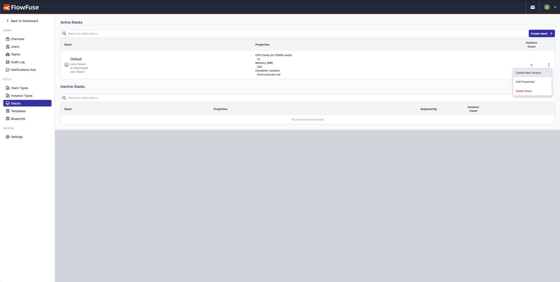Screenshot of FlowFuse showing where admins can create new stacks