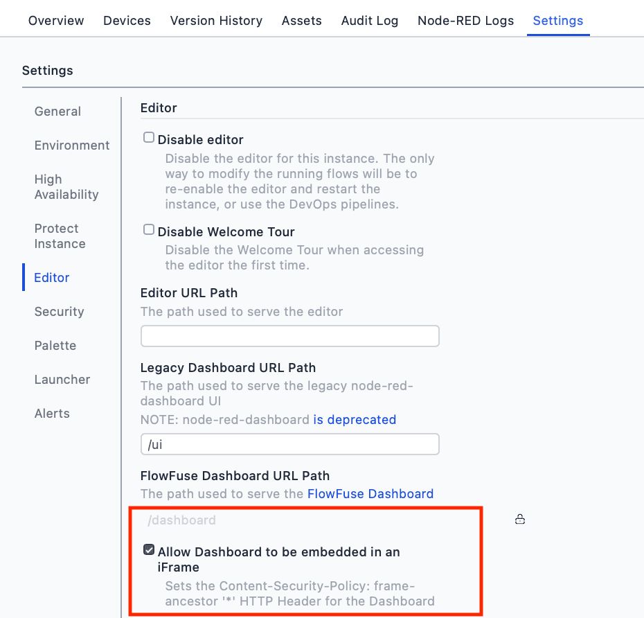 FlowFuse instance settings showing the option to allow dashboard embedding in an iframe.