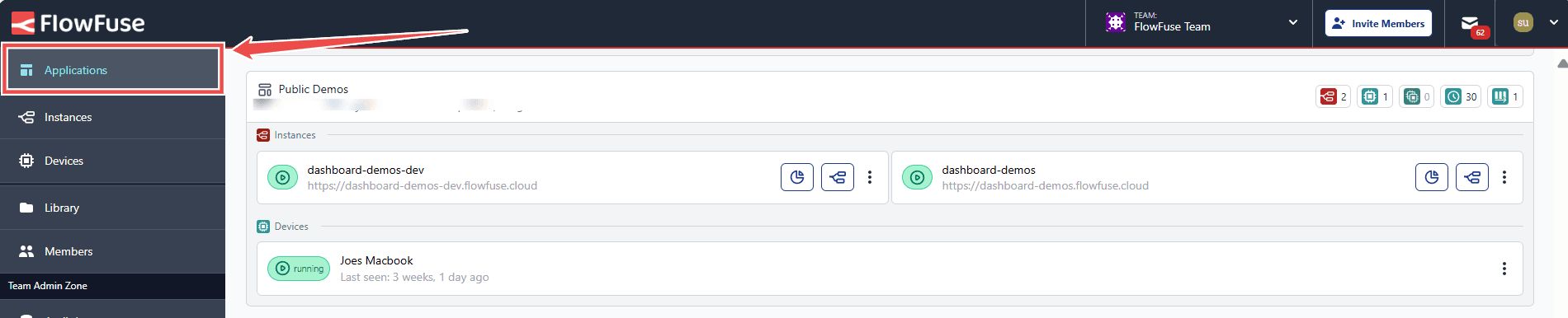 Image showing the 'Applications' option in the FlowFuse platform