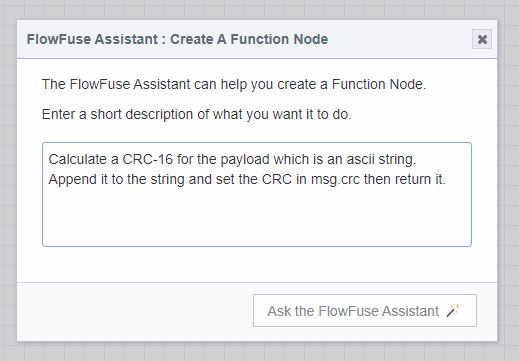 Screenshot showing the "FlowFuse Assistant" dialog box