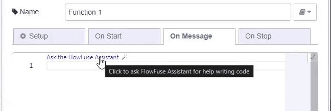 Screenshot showing the "Ask the FlowFuse Assistant" button available in the function node