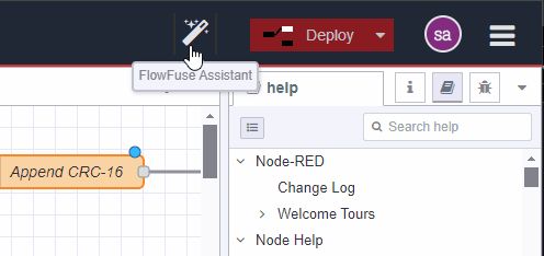 Screenshot showing the "FlowFuse Assistant" button available in the Editor Toolbar