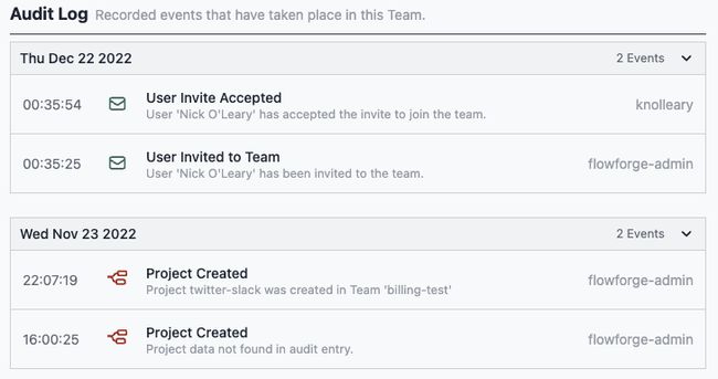 An image of the new audit log interface of FlowFuse "An image of the new audit log interface of FlowFuse"