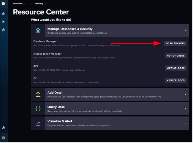 Screenshot showing the 'Go to buckets' button "Screenshot showing the 'Go to buckets' button"