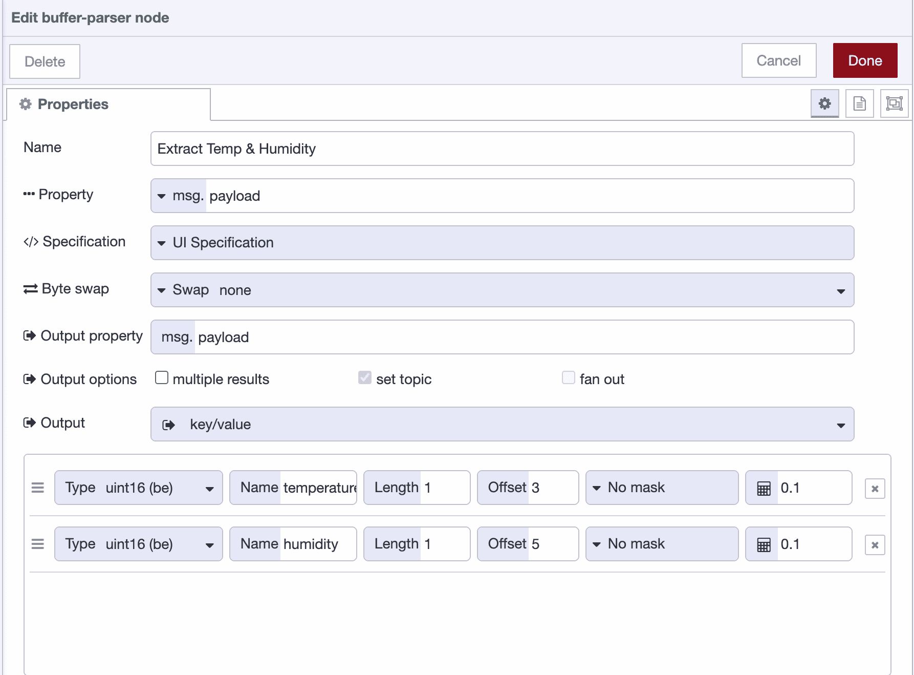 Buffer Parser configuration rows defining temperature and humidity extraction using uint16be with offsets and scale values.