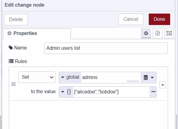 Screenshot displaying the change node which which stores list of admins username in global context "Screenshot displaying the change node which which stores list of admins username in global context"