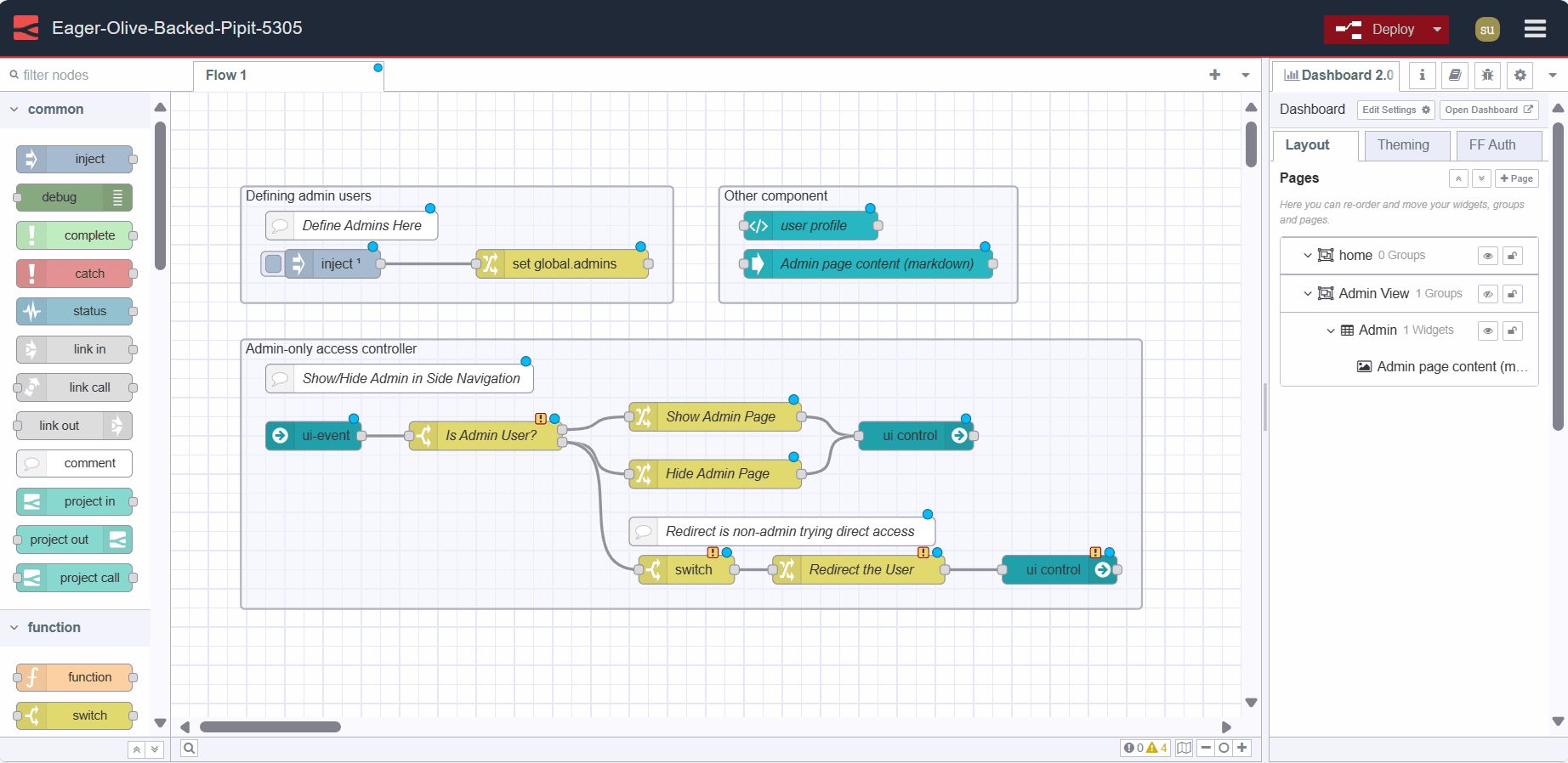 Screenshot displaying the FlowFuse Editor with flow of admin-only page "Screenshot displaying the FlowFuse Editor with flow of admin-only page"
