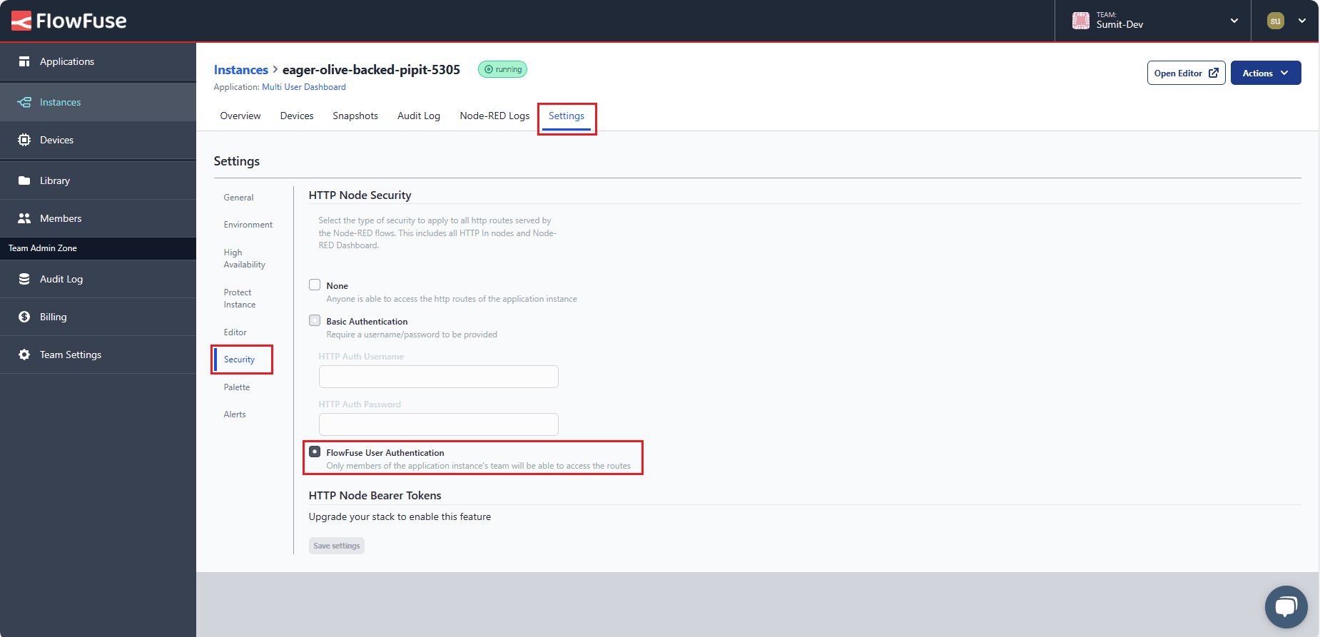 Screenshot displaying the configuration settings within the FlowFuse instance, enabling user authentication for enhanced security. "Screenshot displaying the configuration settings within the FlowFuse instance, enabling user authentication for enhanced security.
"