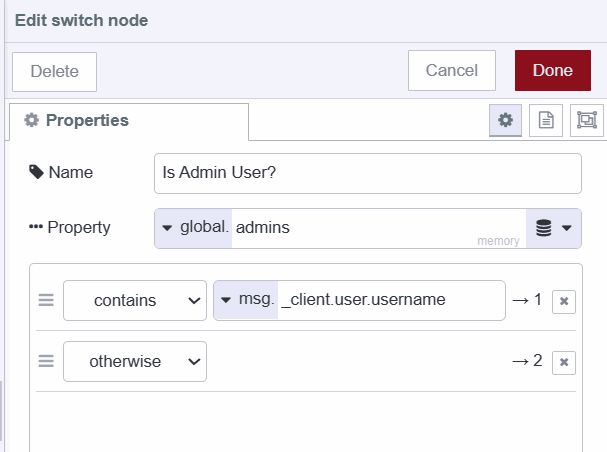Screenshot displaying the switch node which checks whether the logged-in user's username is contained in the admin list or not "Screenshot displaying the switch node which checks whether the logged-in user's username is contained in the admin list or not"