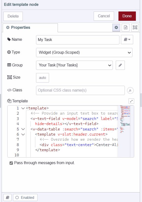 "Screenshot displaying ui-template widget with code for building table for displaying task"
