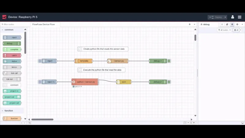 Image showing the Node-RED flow executing the python script that reads the sensor data "Image showing the Node-RED flow executing the python script that reads the sensor data"