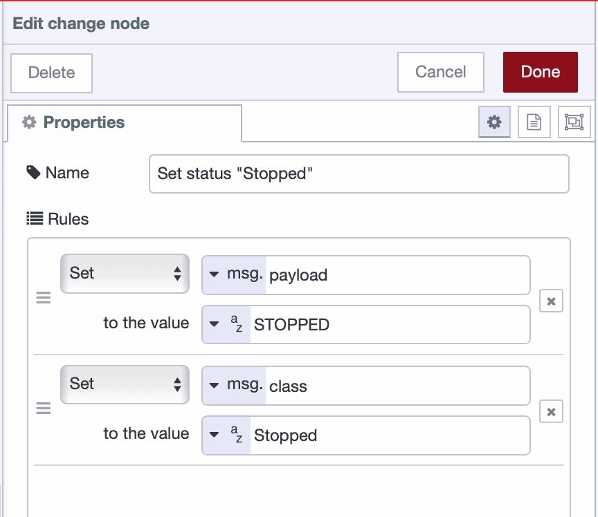 Change node configuration setting payload to STOPPED and class to stopped