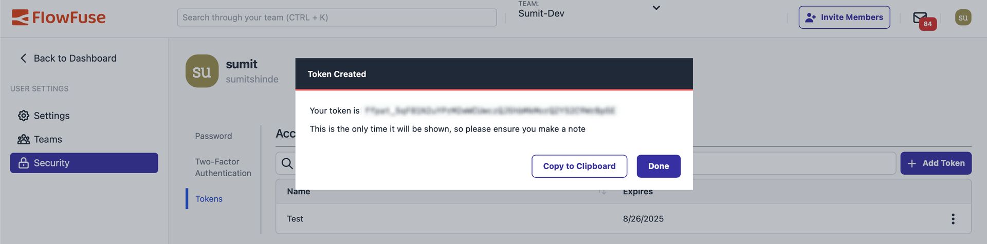 Dialog showing the generated FlowFuse API token with copy-to-clipboard option.