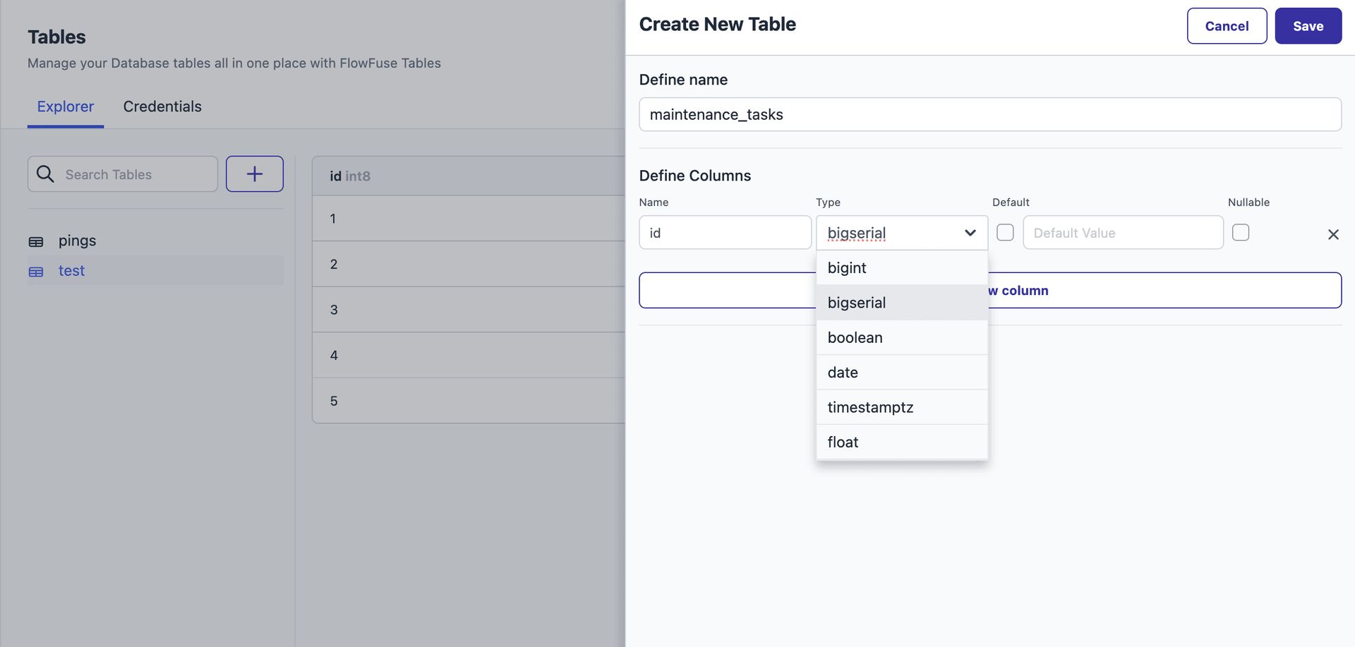 Interface for creating FlowFuse tables