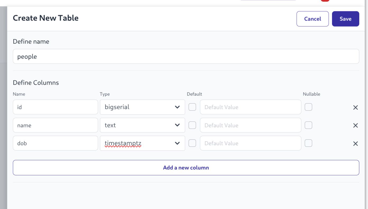 Screenshot of create tables wizard