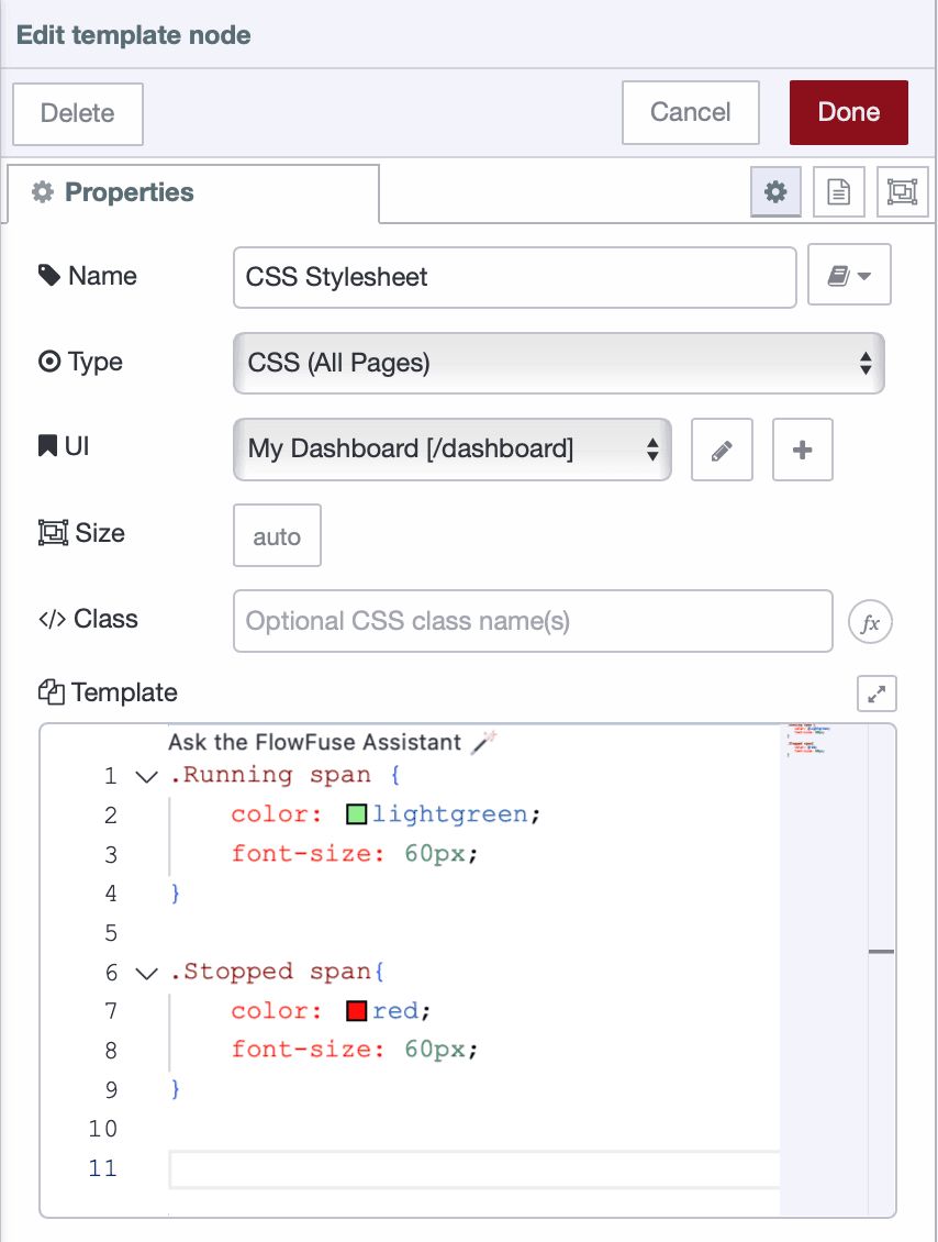 UI template node with CSS styling for running and stopped status classes