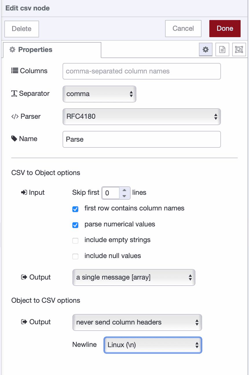 CSV node configuration showing comma separator, RFC4180 parser, first row as column names, parse numerical values enabled, and output as single message array