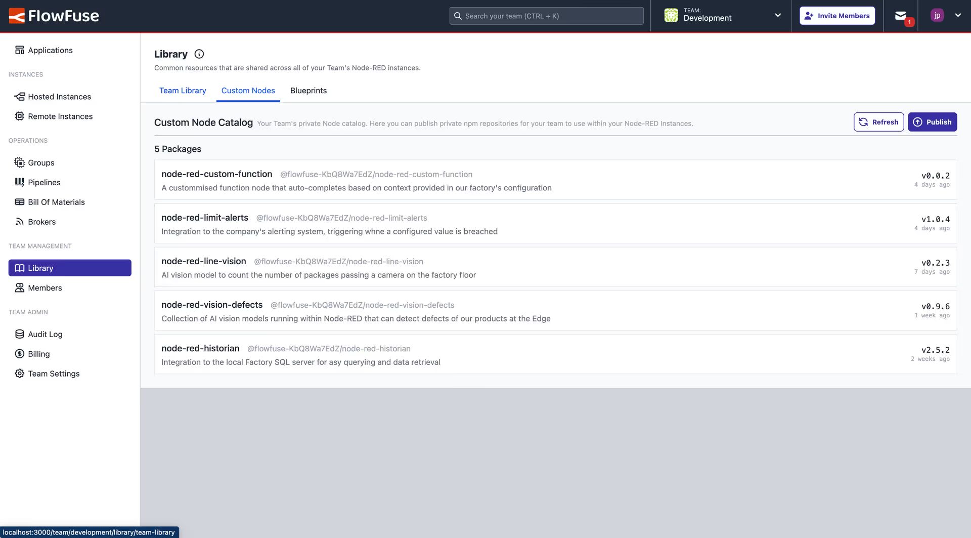 Screenshot of the "Custom Nodes" view in the Team Library