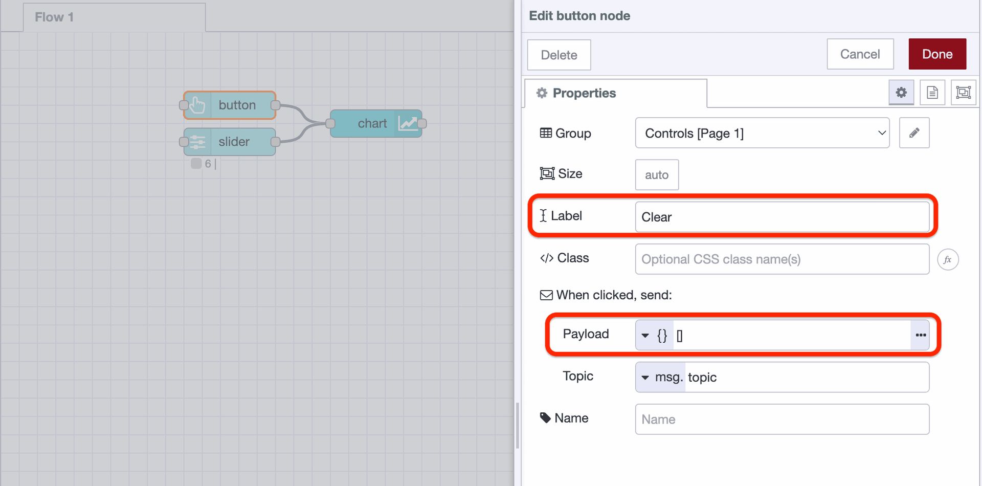 The ui-button configuration after setting it's payload and label