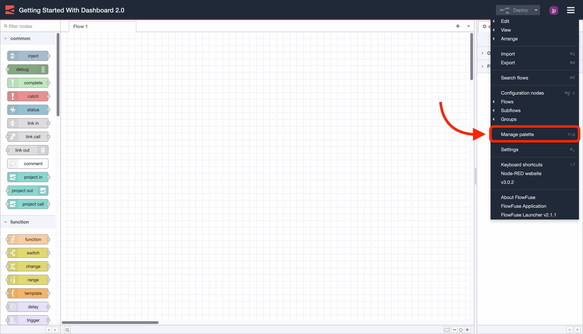 Screenshot to show where to find the "Manage Palette" option in Node-RED