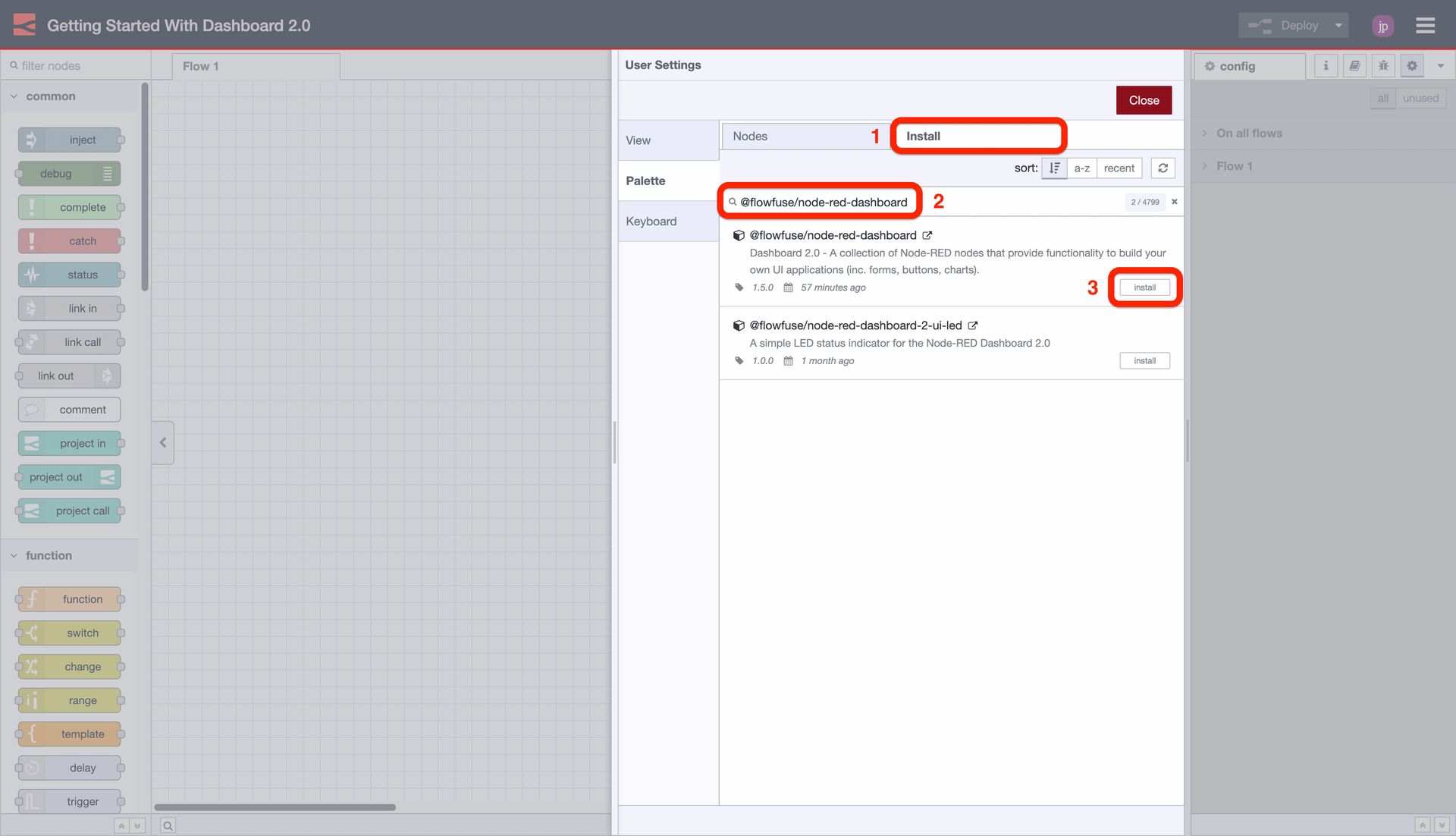 Screenshot to show where to find the "Install" tab, and how to find @flowfuse/node-red-dashboard