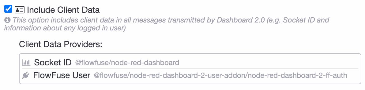 Screenshot showing "FlowFuse User" being appended to `_client` by the FlowFuse User Addon