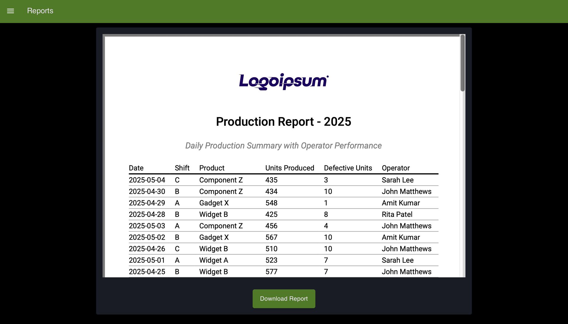 Dashboard displaying embedded PDF with a download button