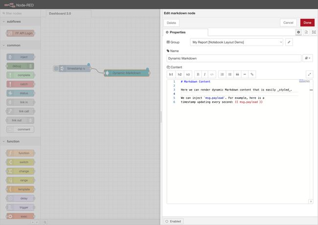 Screenshot to show how an inject node can drive content of a ui-markdown node