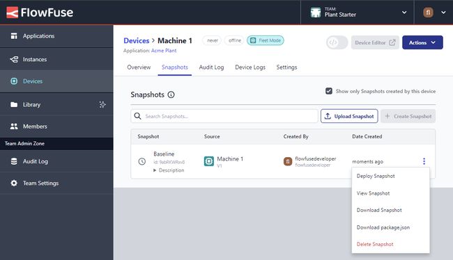 Device Snapshots Table Menu