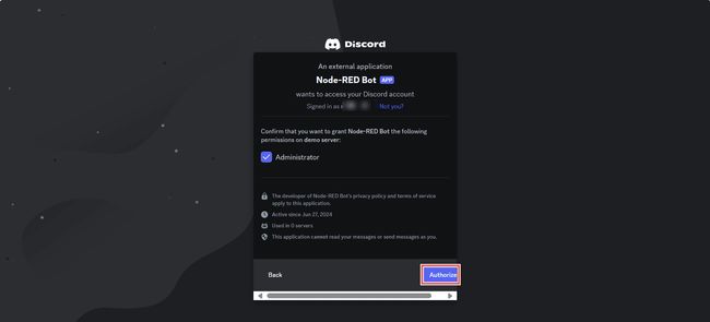 Screenshot showing conformation discord popup asking to conform the permission should be given to bot into server "Screenshot showing conformation discord popup asking to conform the permission should be given to bot into server"