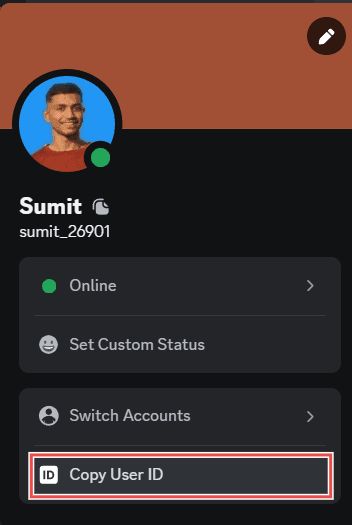 Screenshot showing 'copy user id' option "Screenshot showing 'copy user id' option"