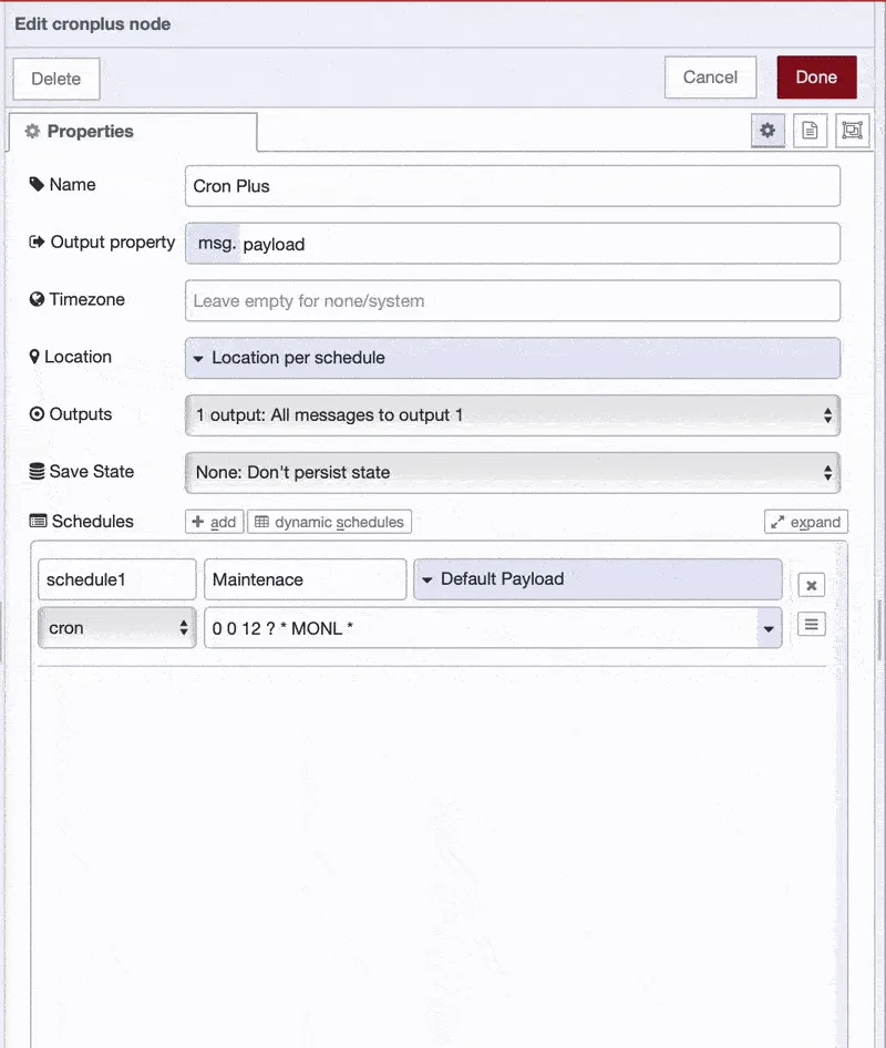 Image showing the 'Dynamic Schedules' button and the list of all dynamically scheduled events.