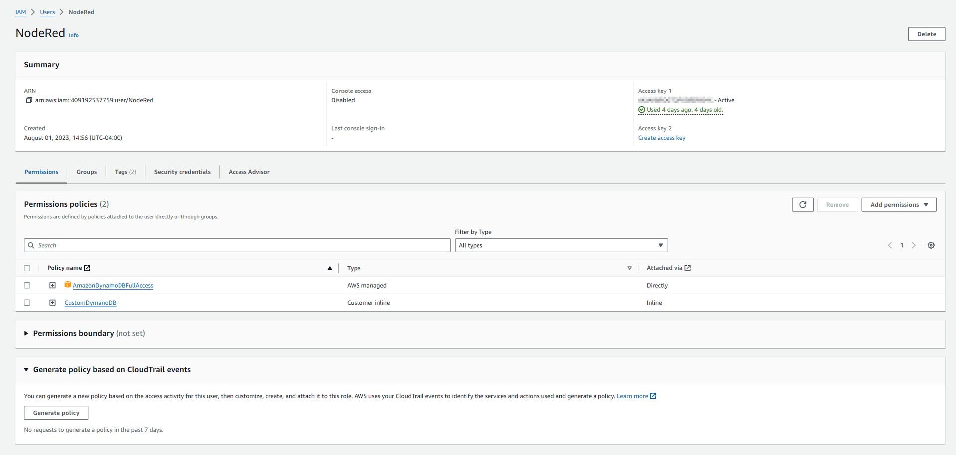AWS IAM DynamoDB with Node-RED