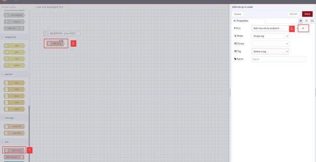 "Screenshot showing dragged 'eth-ip in' node and it's config tab"