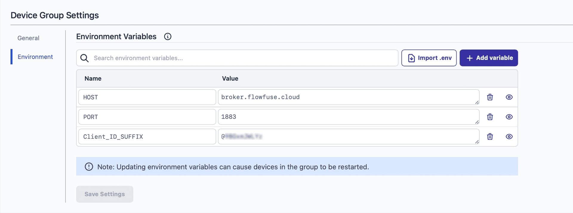 Configuring environment variables at the device group level.
