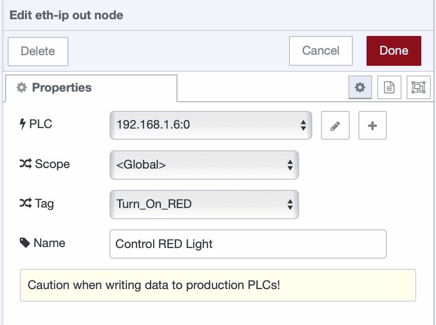 Configuring the EtherNet/IP out node to write data to a PLC tag