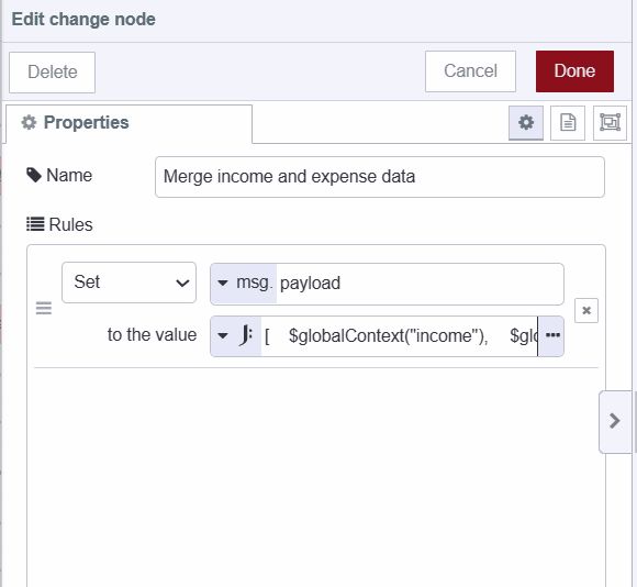 "Screenshot displaying the change node setting JSON expression to payload for retrieving and sorting data."