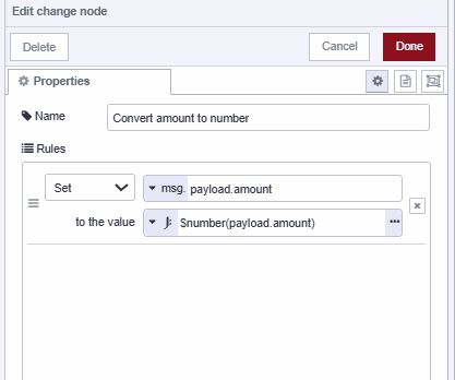 "Screenshot displaying the change node converting amount to number"