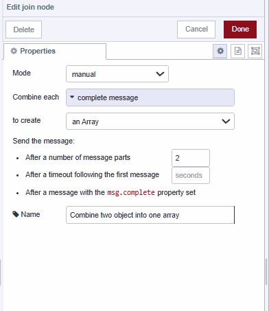 "Screenshot displaying the join node combining the income and expense object into the array"