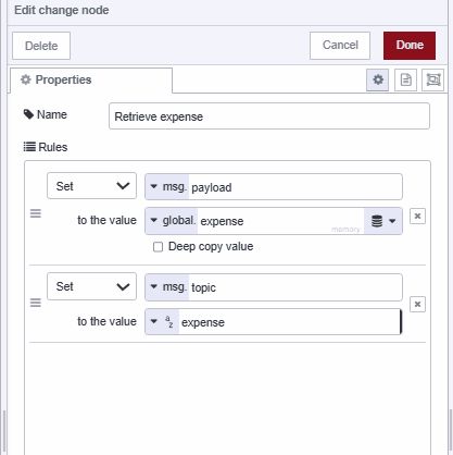 "Screenshot displaying the change node retrieving expense data from global context"