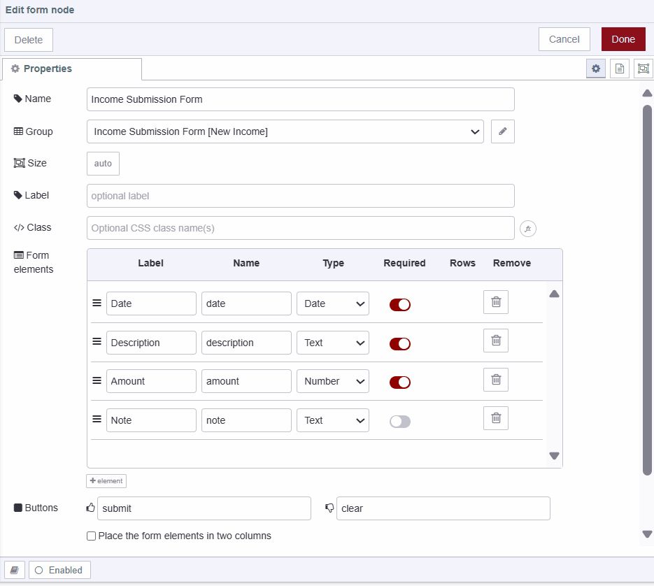 "Screenshot displaying Income submission ui-form's configuration"