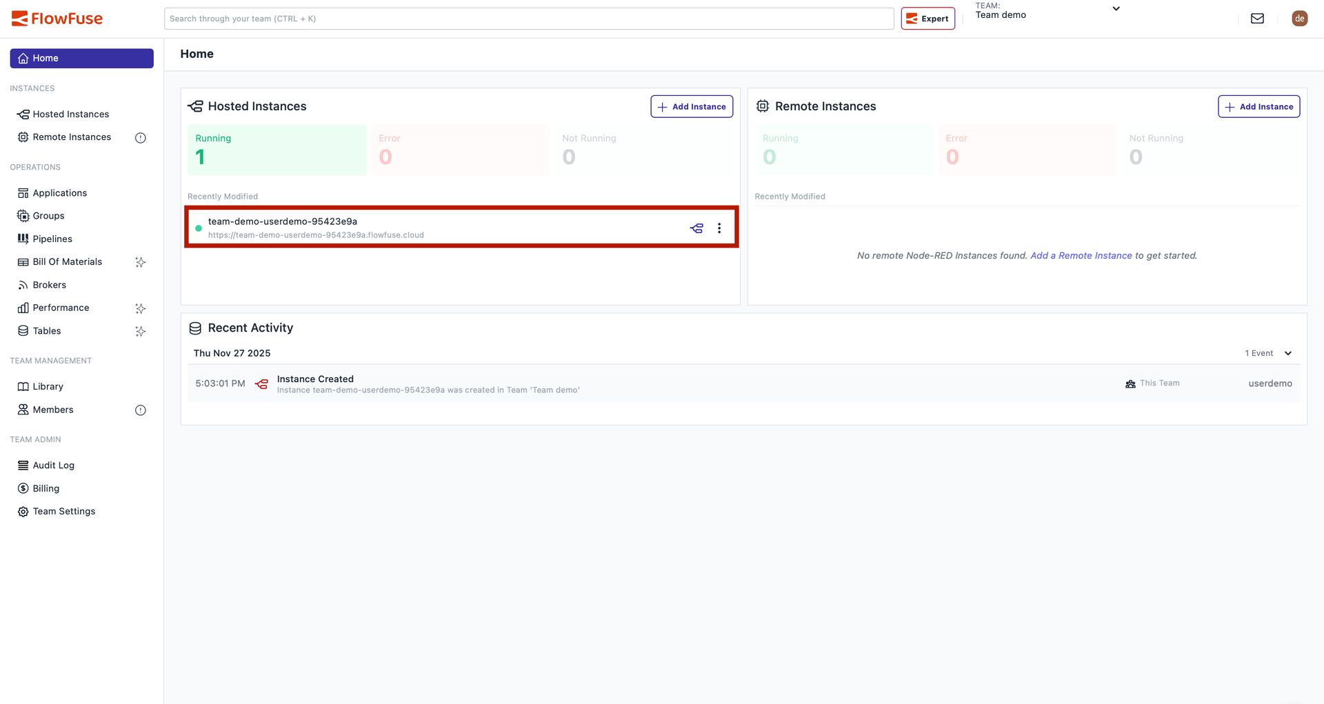Instance created initial login