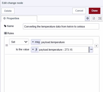Screenshot of the change node converting temperature kelvin data from celsius "Screenshot of the change node converting temperature kelvin data from celsius"